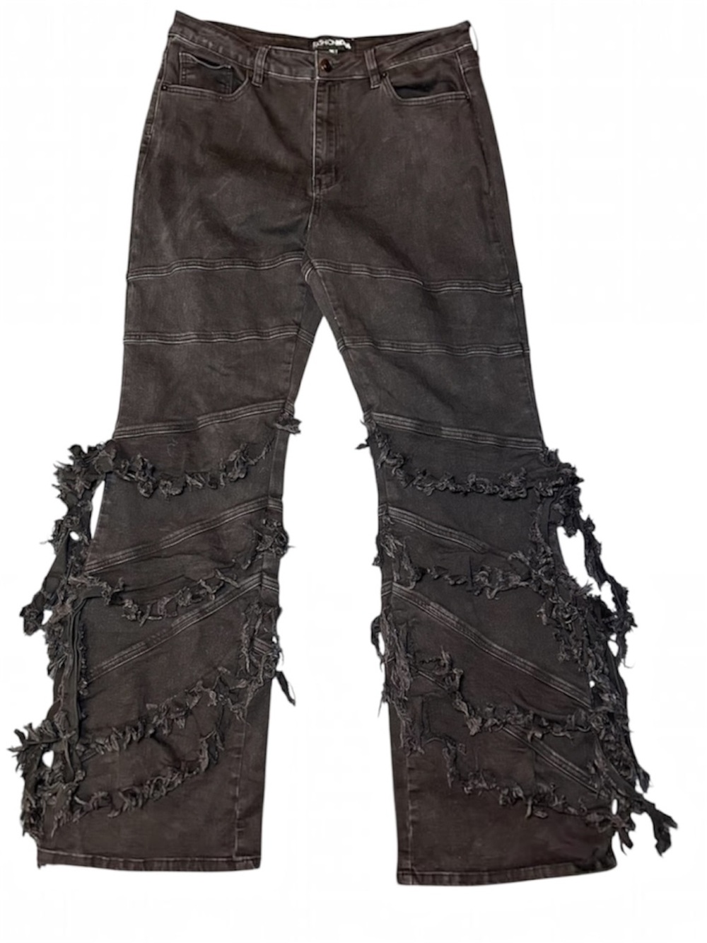Fashion Nova Black Jeans SZ 13 Juniors Frayed Fringe Ruffle High Rise #344